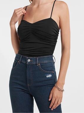 Express Black Body Contour Compression Ruched Bodysuit With Bra Cups, Small